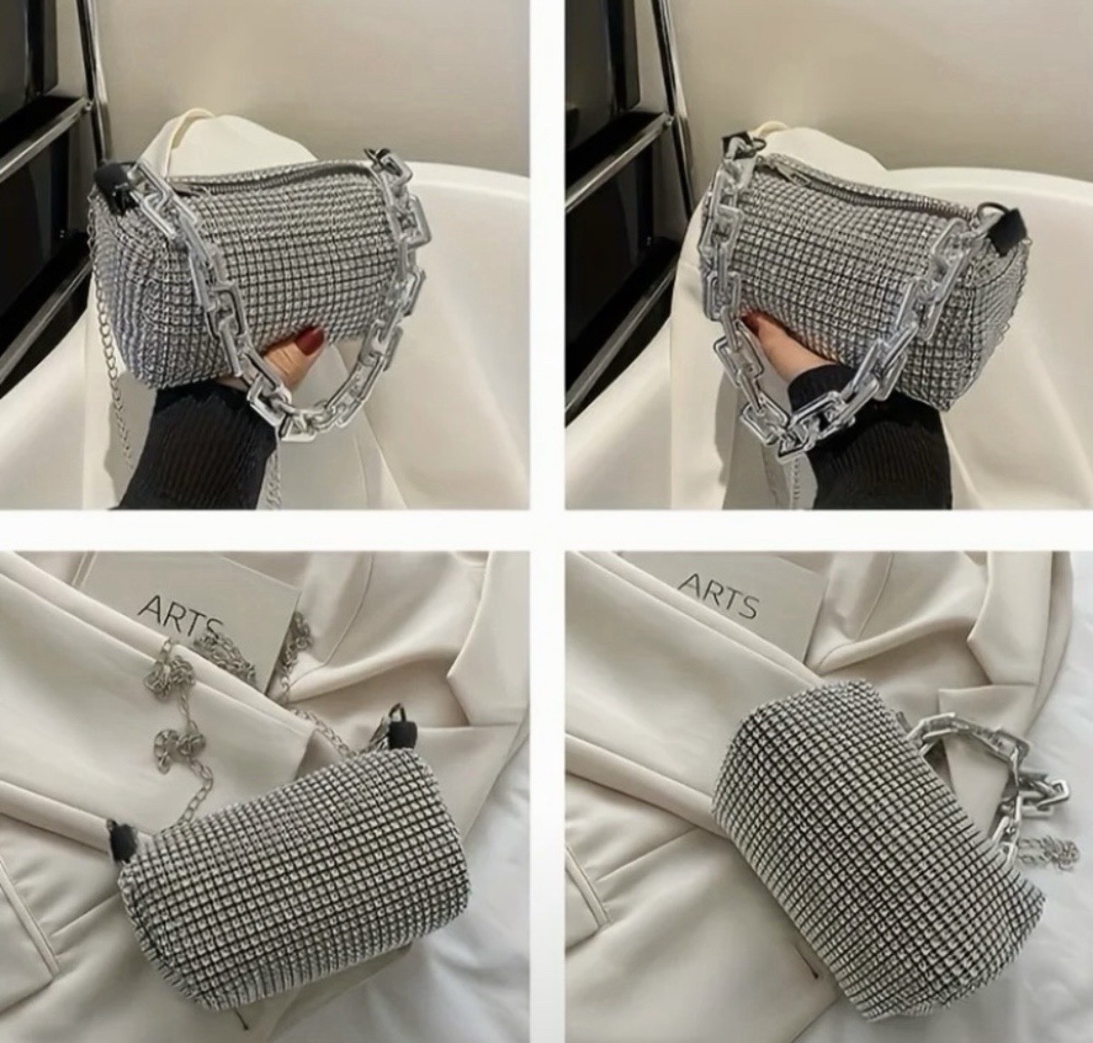 Silver Metallic Rhinestone Mesh Crossbody Bag Chain Strap Zip Closure