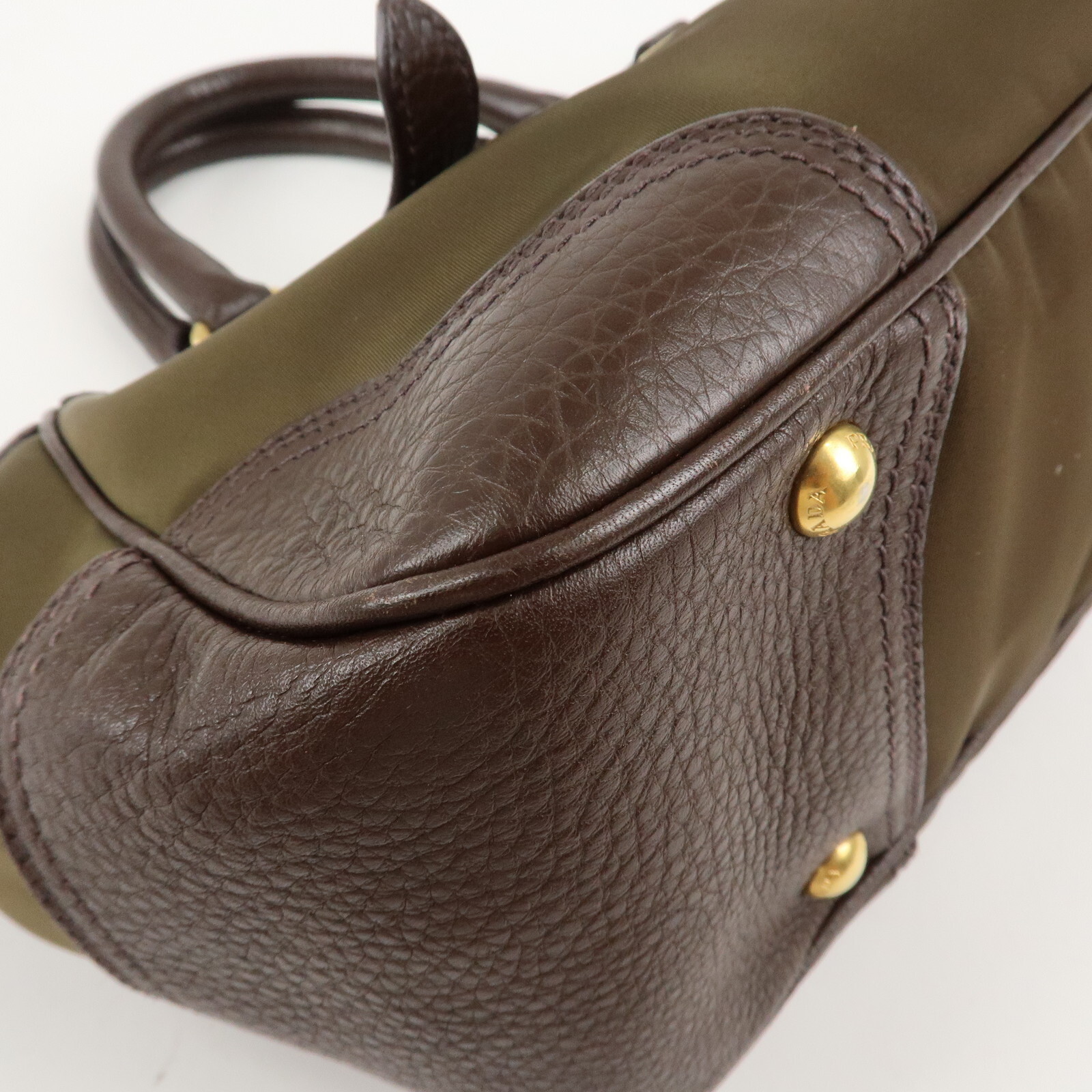 PRADA Logo Hand Bag Kahki Brown Nylon Leather BN1221 Auth Used