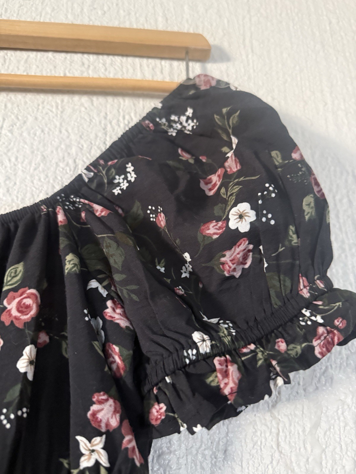 HESPERUS BLACK PUFF SLEEVE FLORAL MINI BOHO DRESS NWOT S