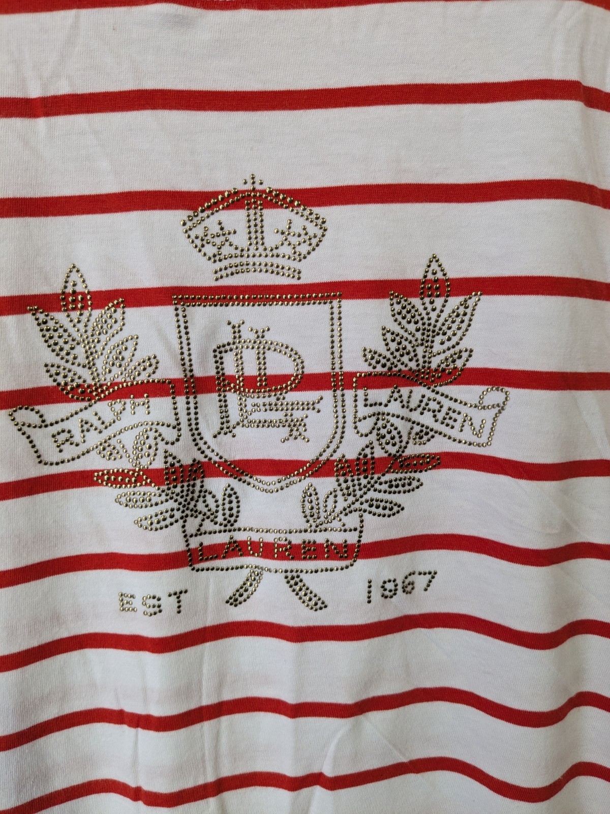 LRL Ralph Lauren Top Womens 2X Studded Logo Crown Striped Tee Shirt Red White