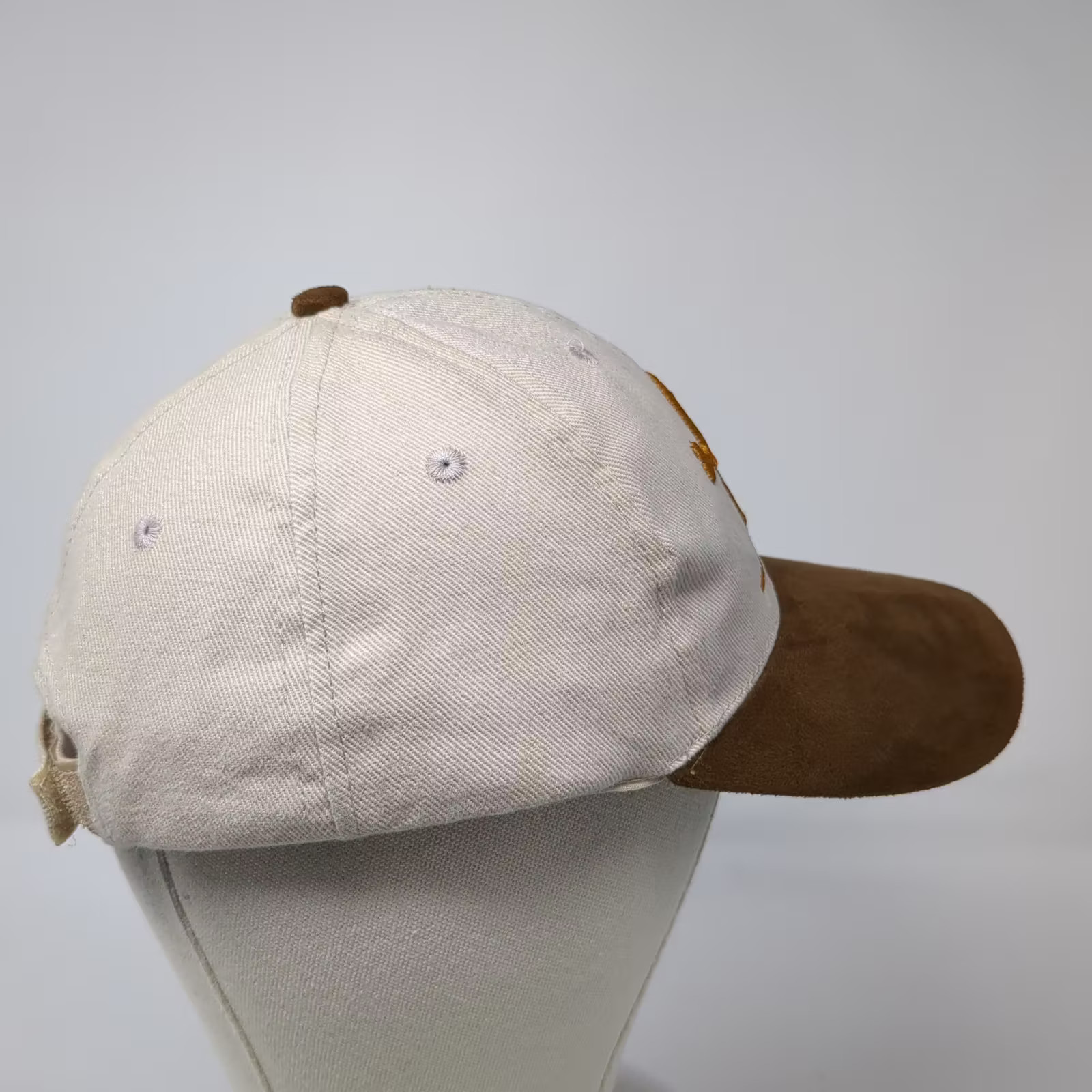 Beige Brown Baseball Cap Hat Gold Embroidered Kangaroo OS Strapback Suede Brim