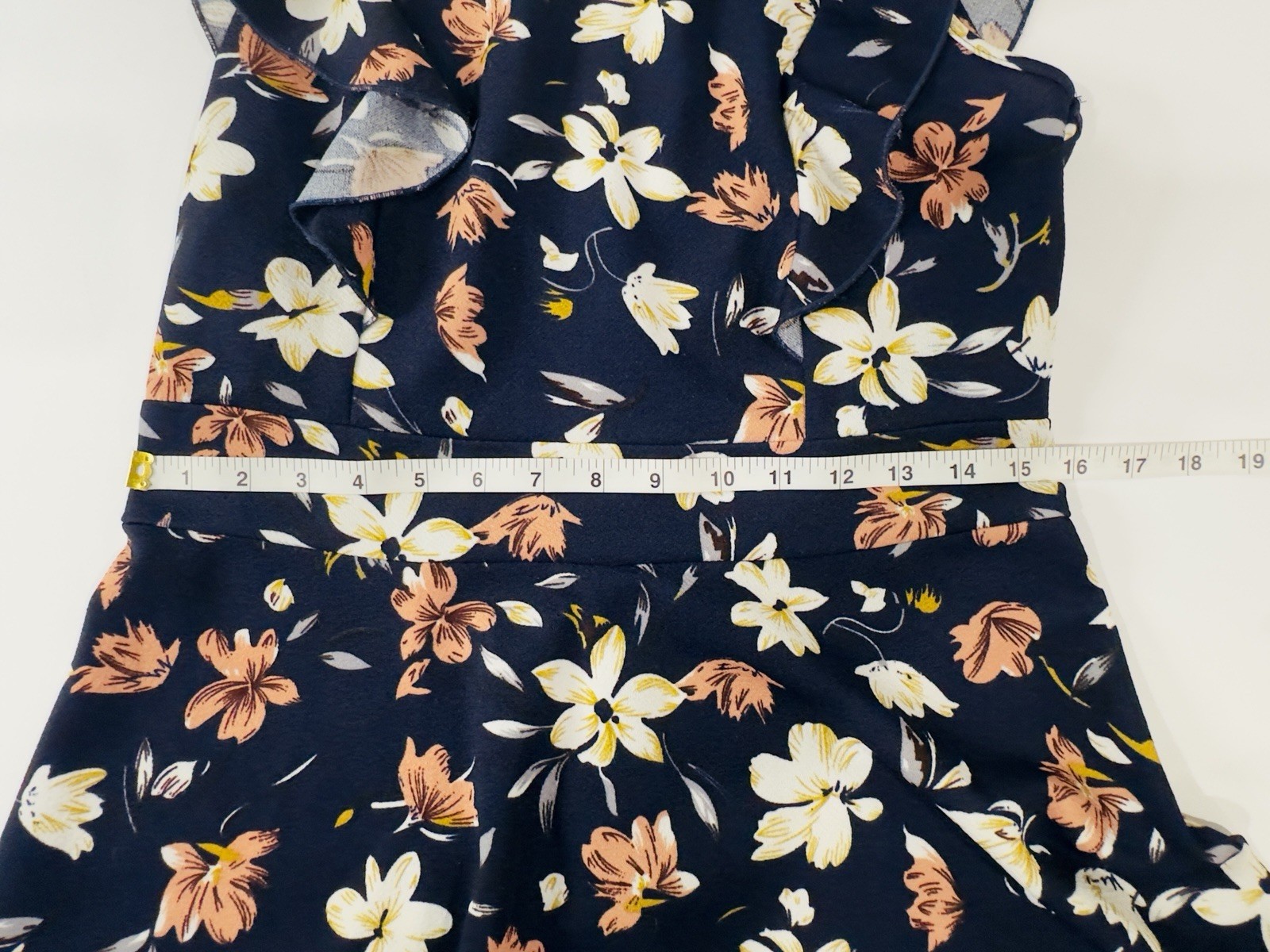 Yathon Navy Floral Ruffle Flutter Sleeve A-Line Knee Length Round Neck Dress