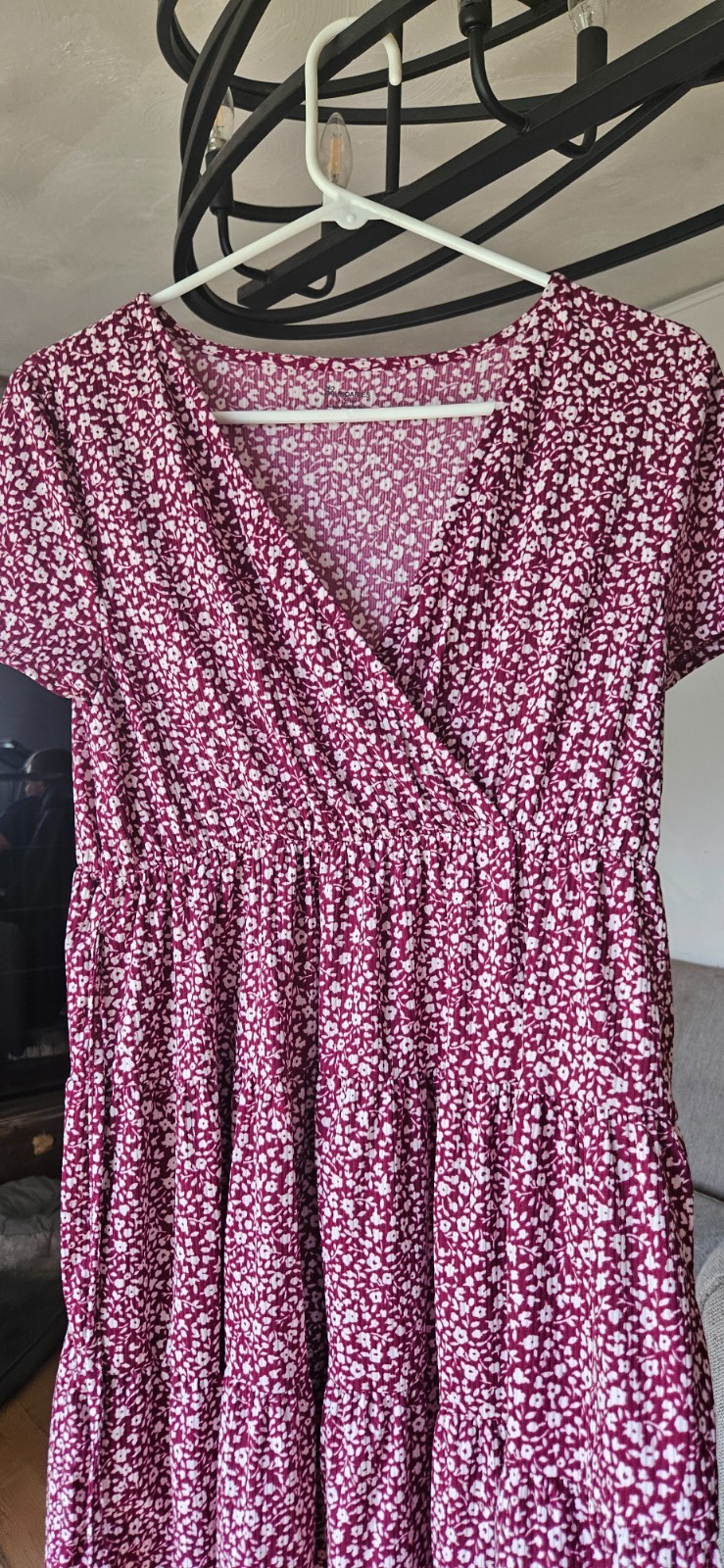 Women’s medium burgundy flowered dress with short sleeves. Never worn