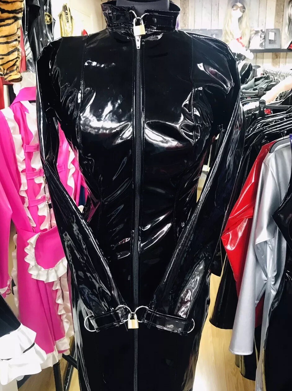Misfitz blk PVC padlock hobble dress, two way zip. Lockable cuffs. SIZE 20. CD