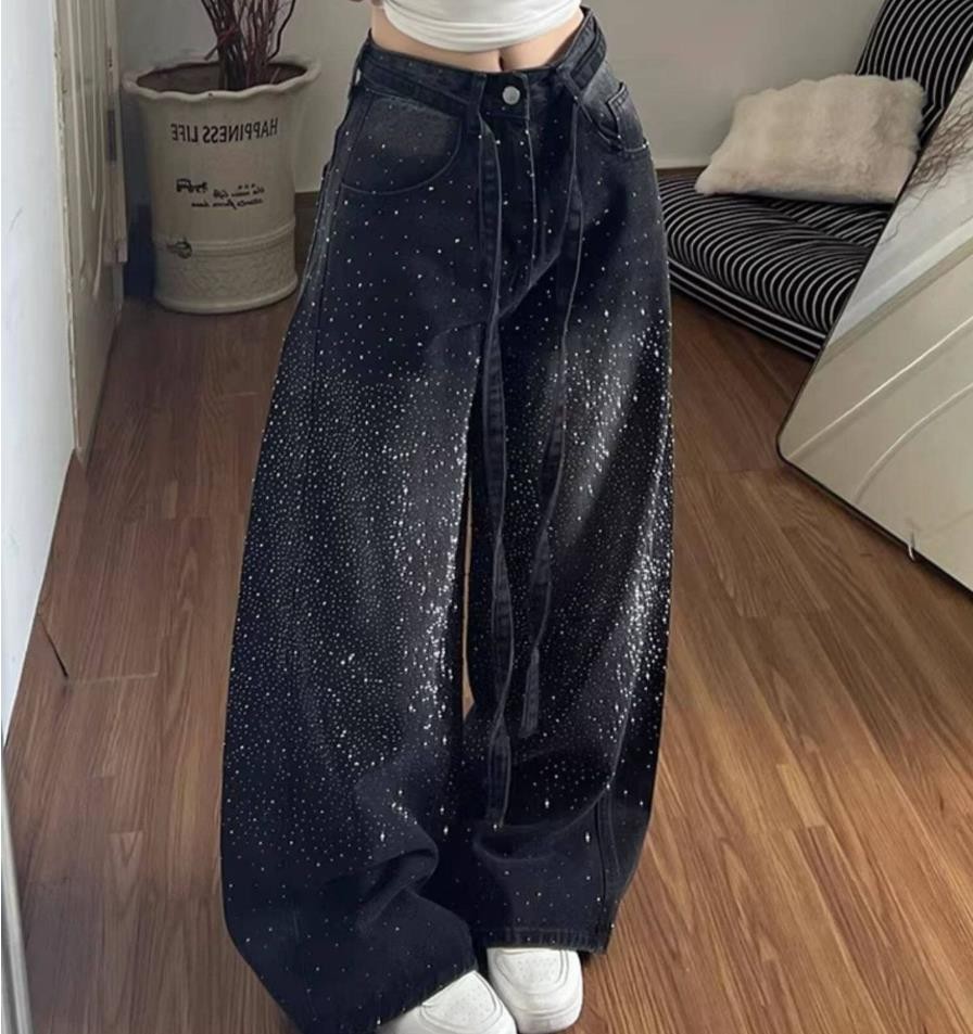 Women’s Black Denim Jeans Straight Leg Rhinestone Punk Hip Hop Trousers Casual
