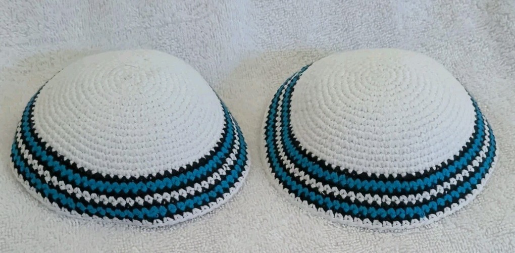 2 HolYudaica Hand Made Knitted Kippah 6.7in Cap 100% Cotton Yarmulk 17cm Folded