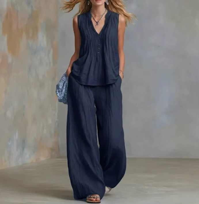 Womens 2 Piece Lounge Set V Neck Sleeveless Top Wide Leg Pants Casual Outfits
