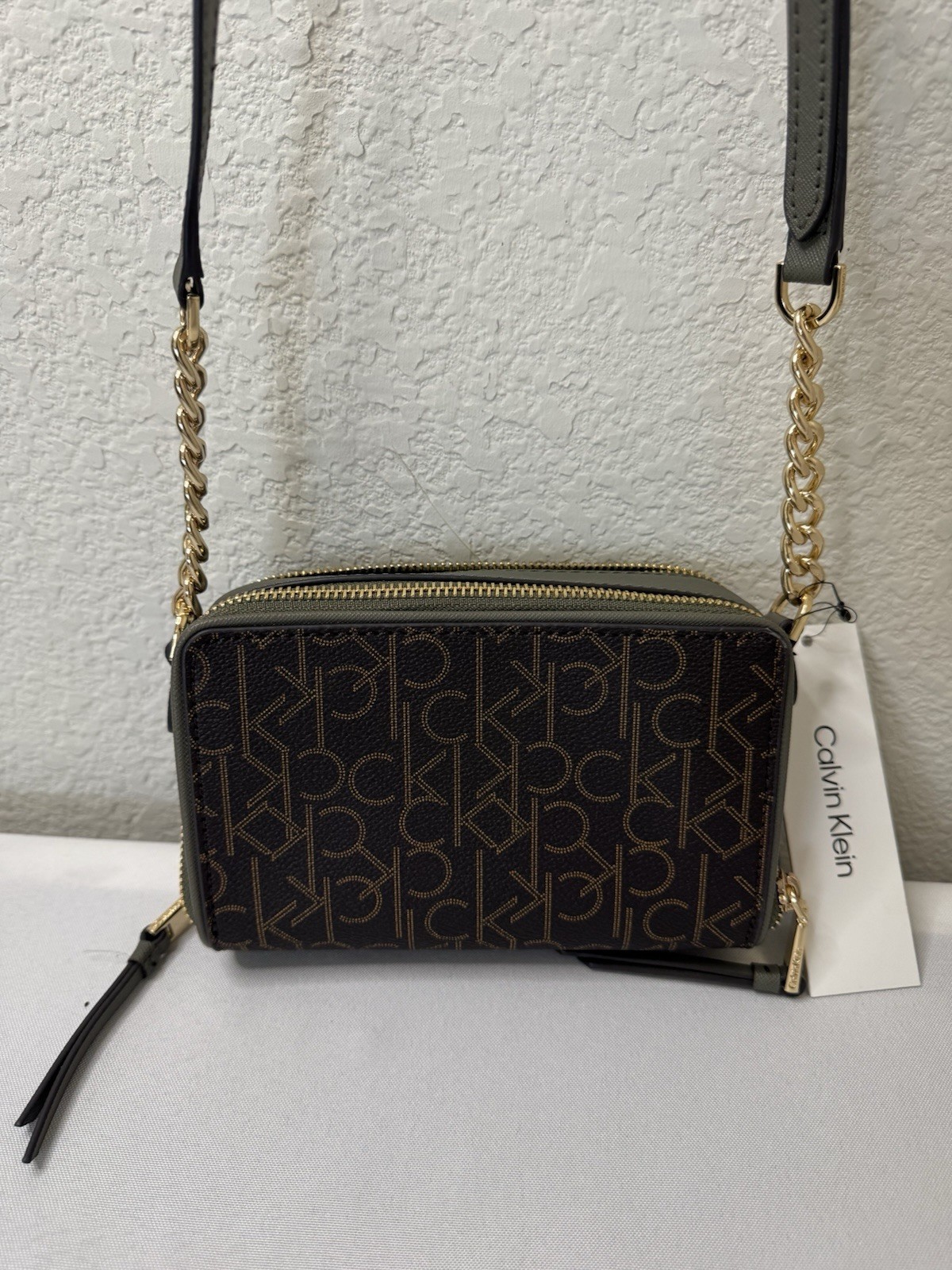 Calvin Klein Marybelle Signature Double Zip Organizational Crossbody bag Khaki