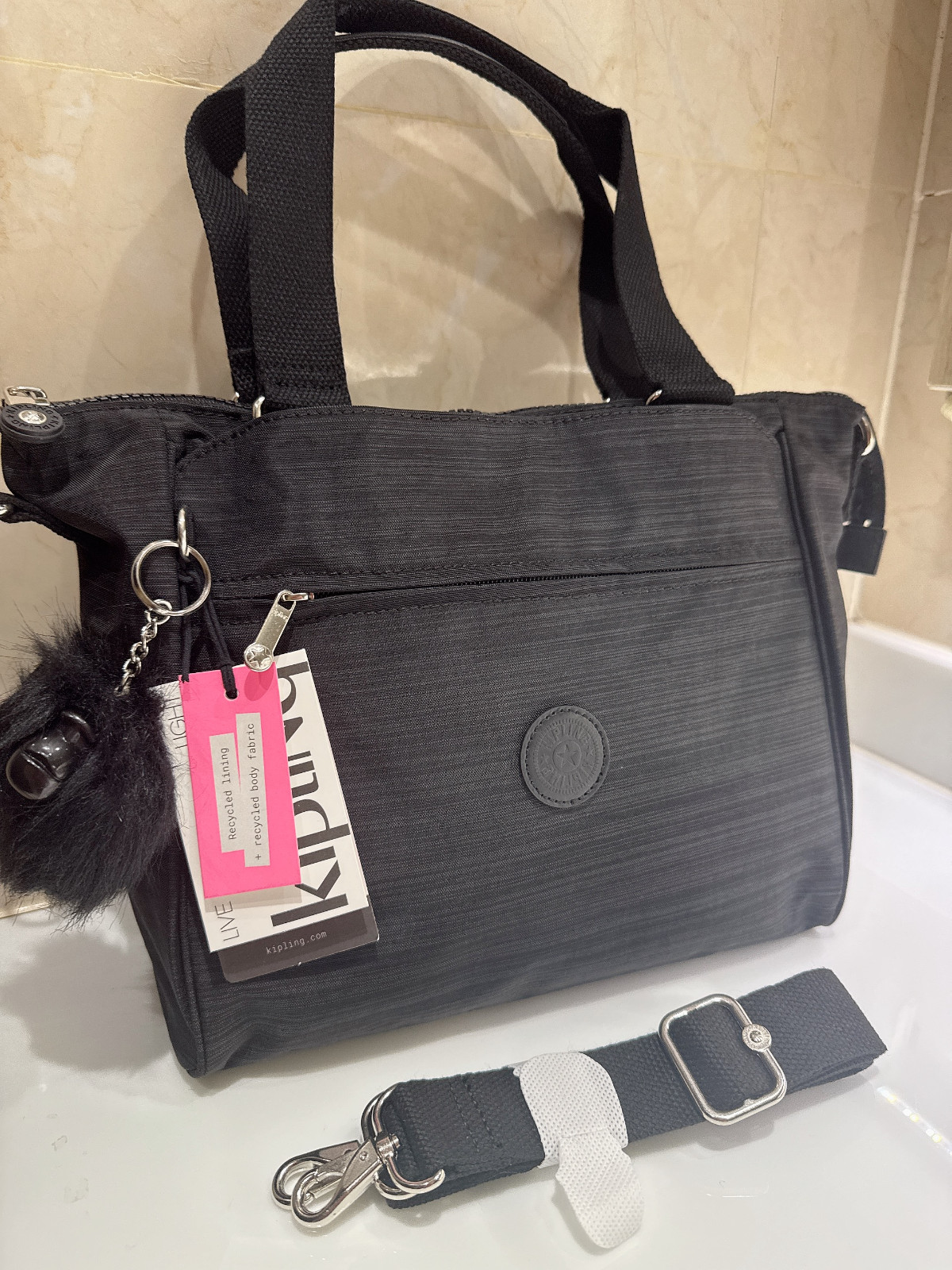 NEW Kipling linen Black Women’s Tote Bag handbag with Monkey Charm