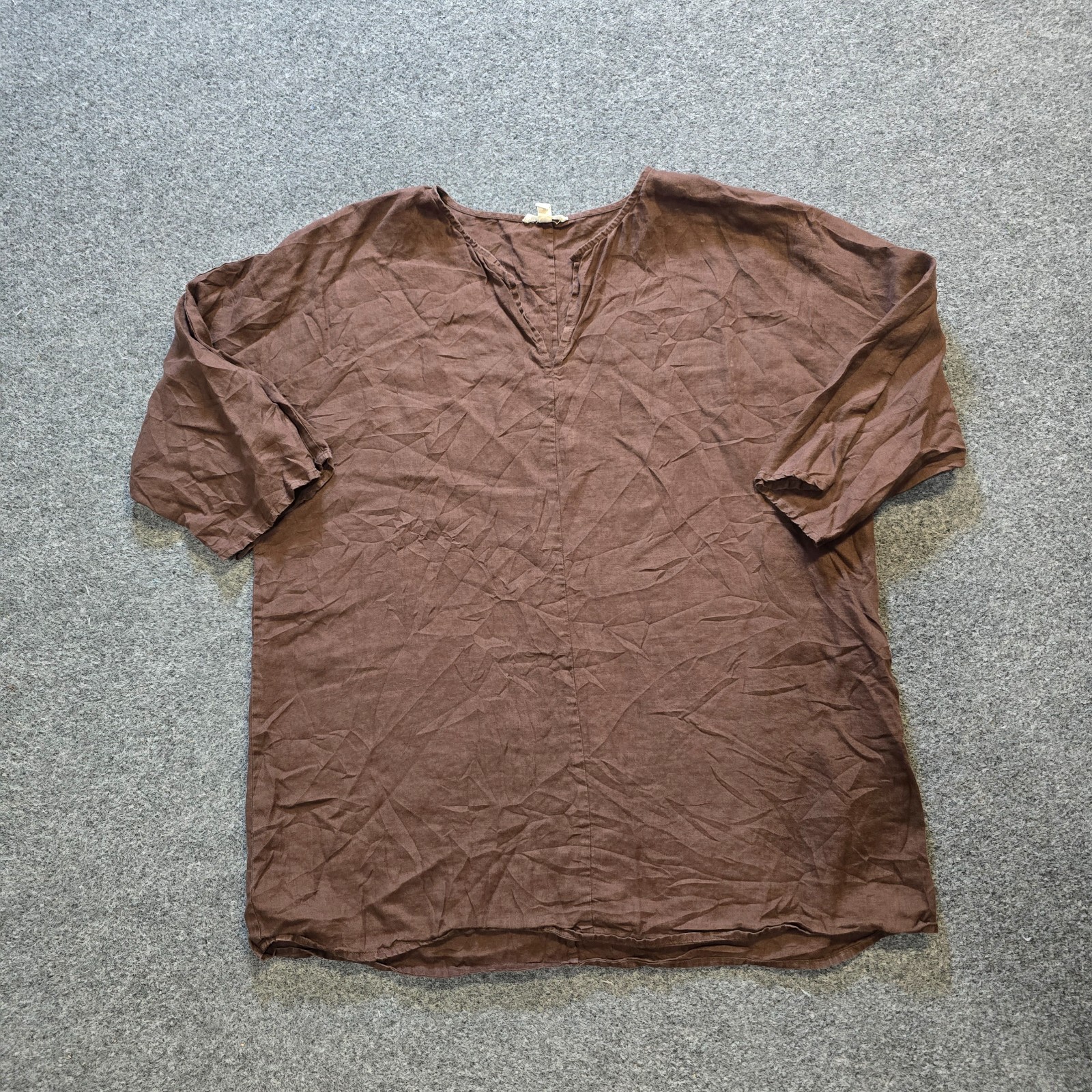Eileen Fisher Top Womens Size Medium Brown Linen 3/4 Sleeve Lagenlook Minimalist
