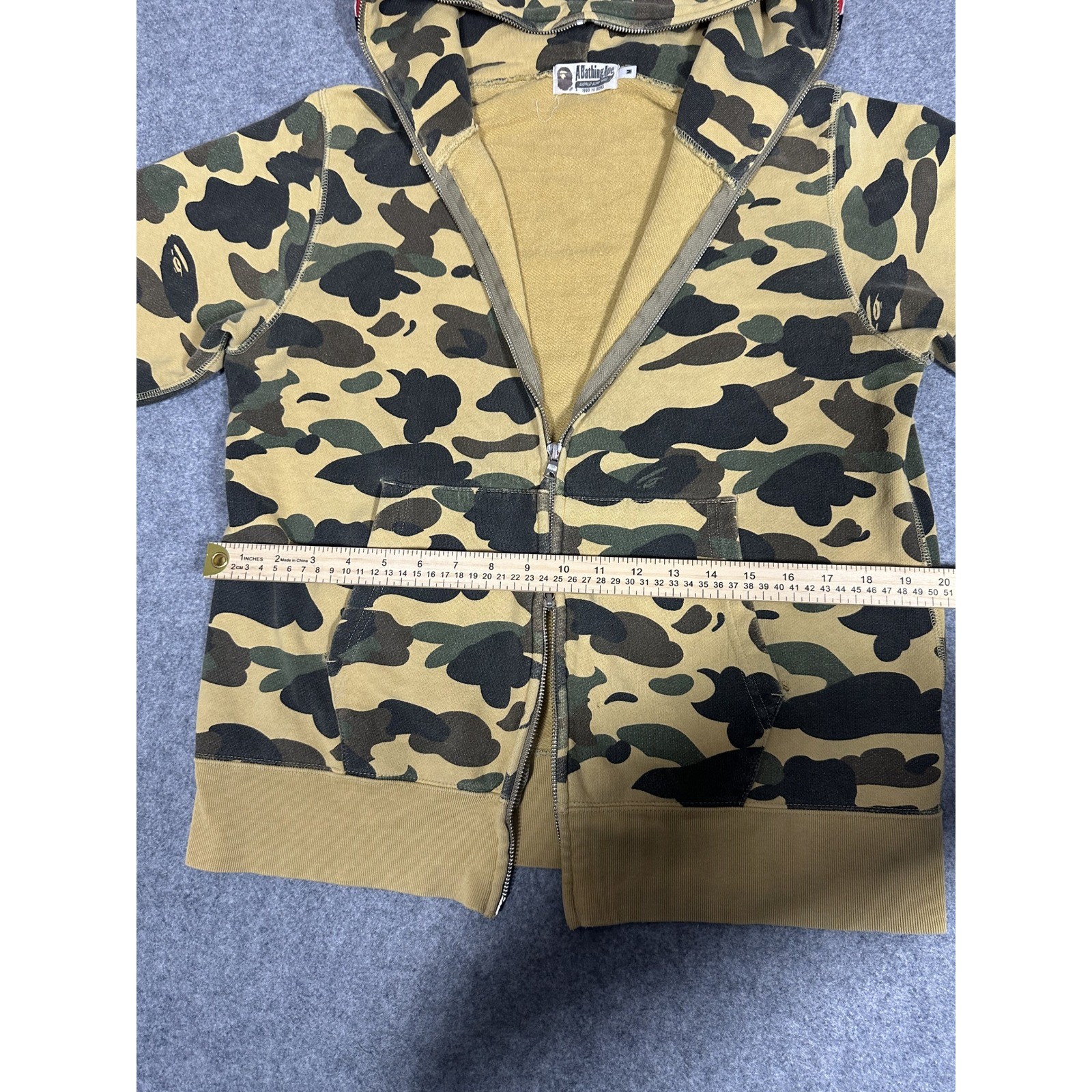 A Bathing Ape Shark Full-Zip Hoodie Medium Yellow Camo Cotton Frayed Hem