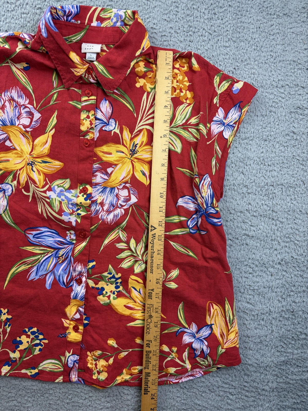 A New Day Blouse Womens Large Red Floral Button Front Collared Linen Tropical