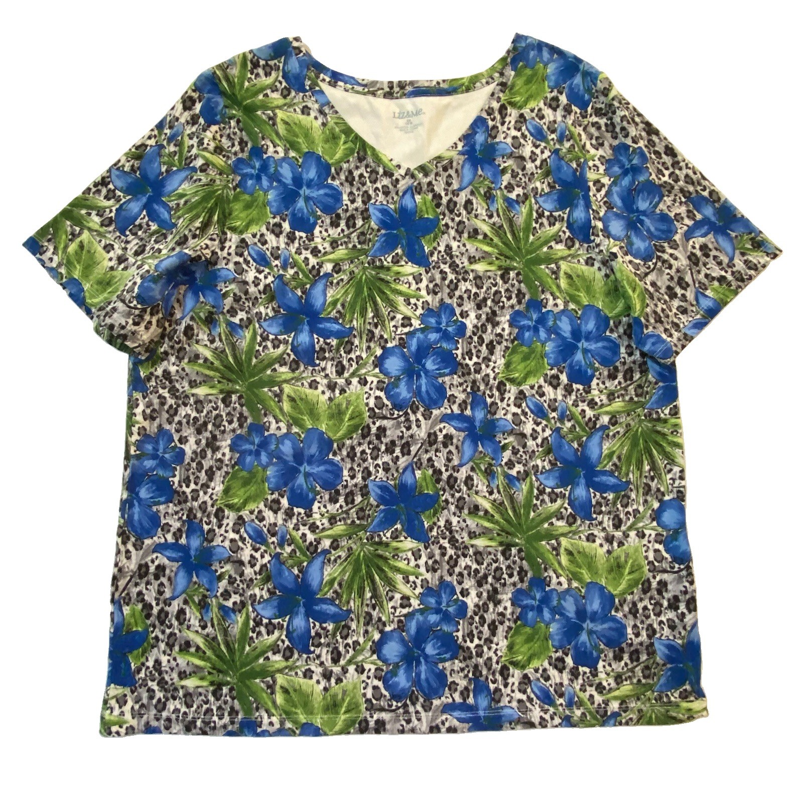 Liz & Me Women’s Blue Black Green Floral Hawaiian V Neck Short Sleeve Top 0X 16W