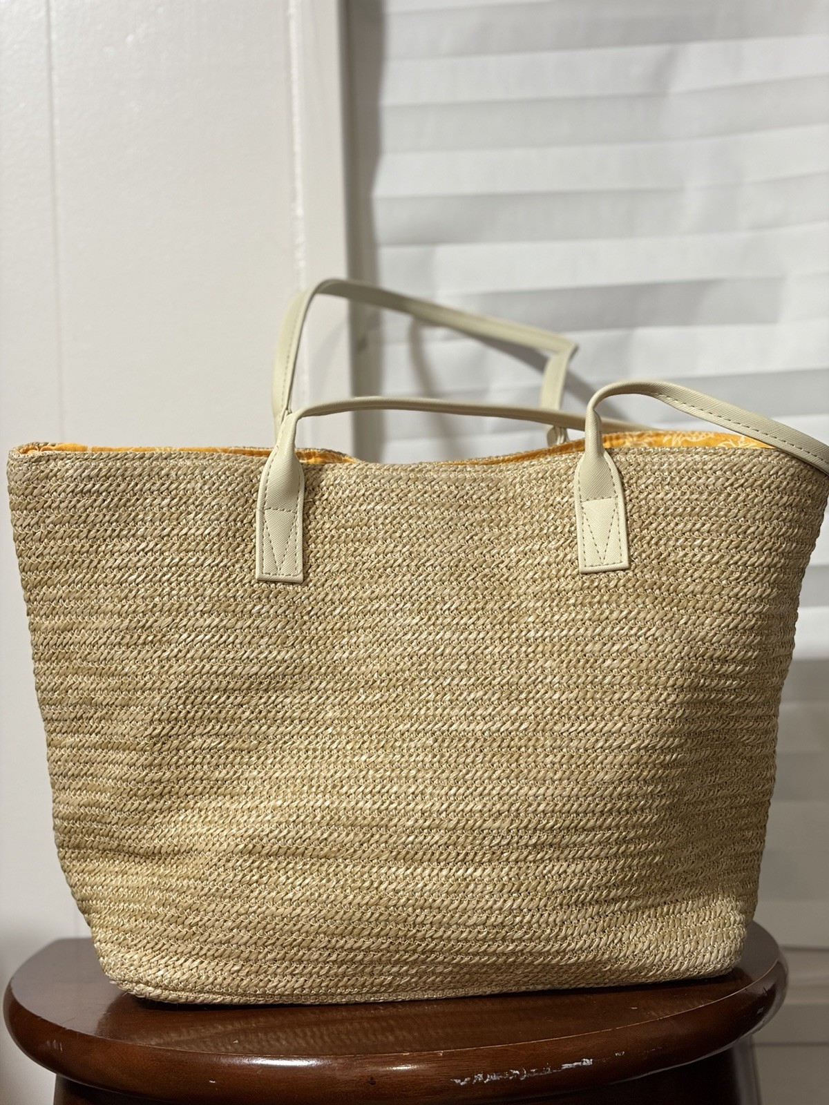 Beige Tote Bag Embroidered “Sun, please” Yellow Pineapple Lined Pockets