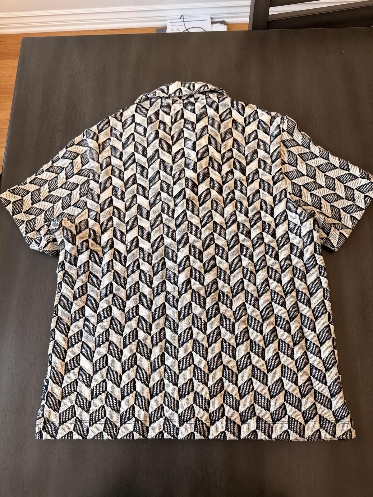 Todd Snyder Shirt Mens Large Black Geometric Knit Button Up Short Sleeve Pockets