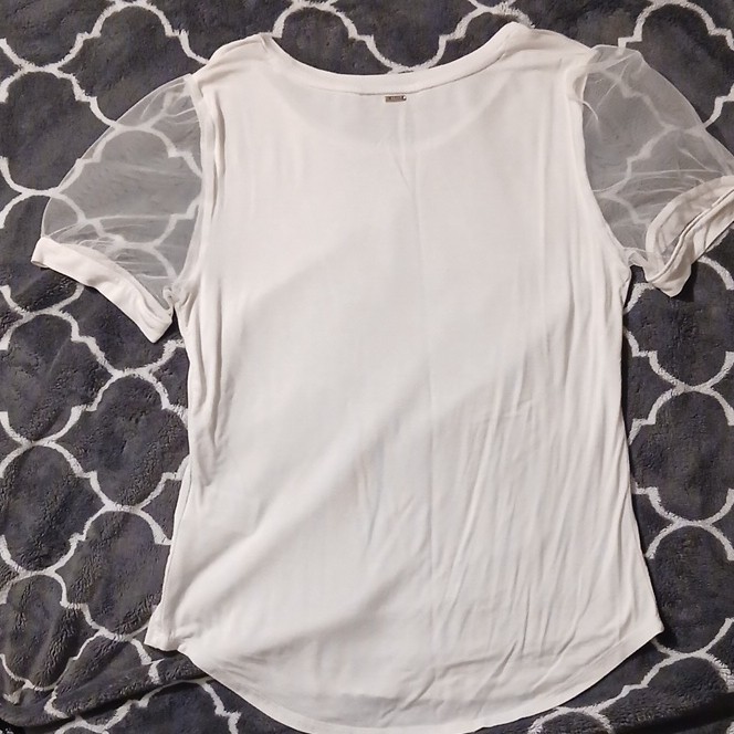 DKNY Women’s White Sheer Mesh Short Sleeve Round Neck Pullover Tee M