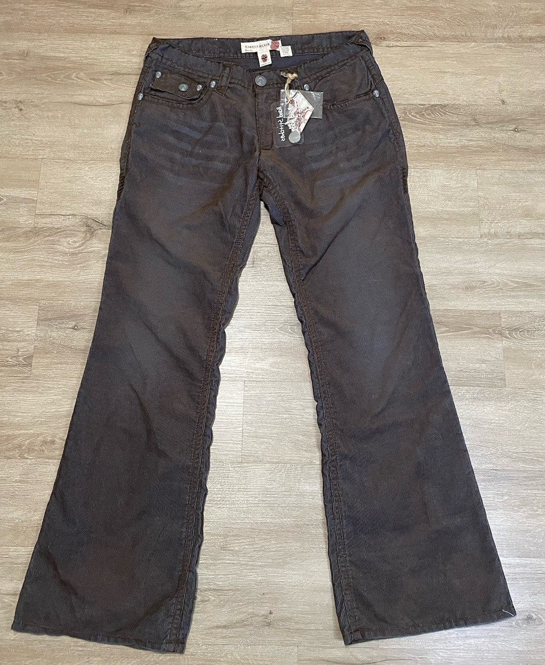 Y2K Laguna Beach Corduroy pants skull Head Sz 38 USA Flare Brown Flap Pockets