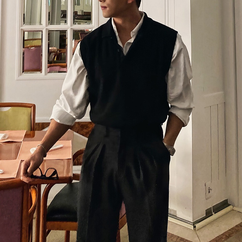 Men Sleeveless Sweater Vest Knitted Pullover with Lapel for Casual