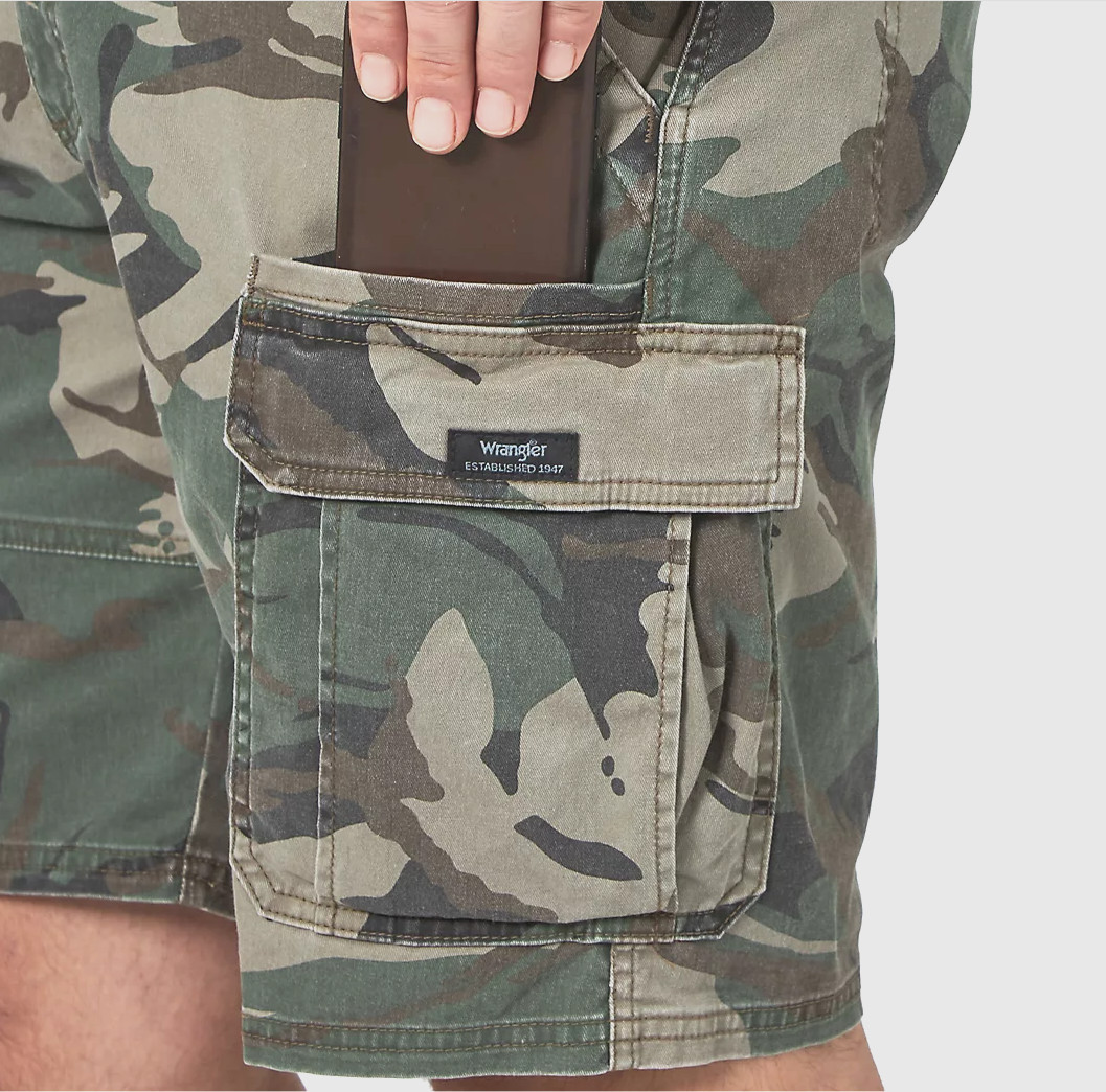 Men’s Wrangler Relaxed Fit Cargo Shorts w/ Stretch Green Brown Camo CHOOSE SIZE