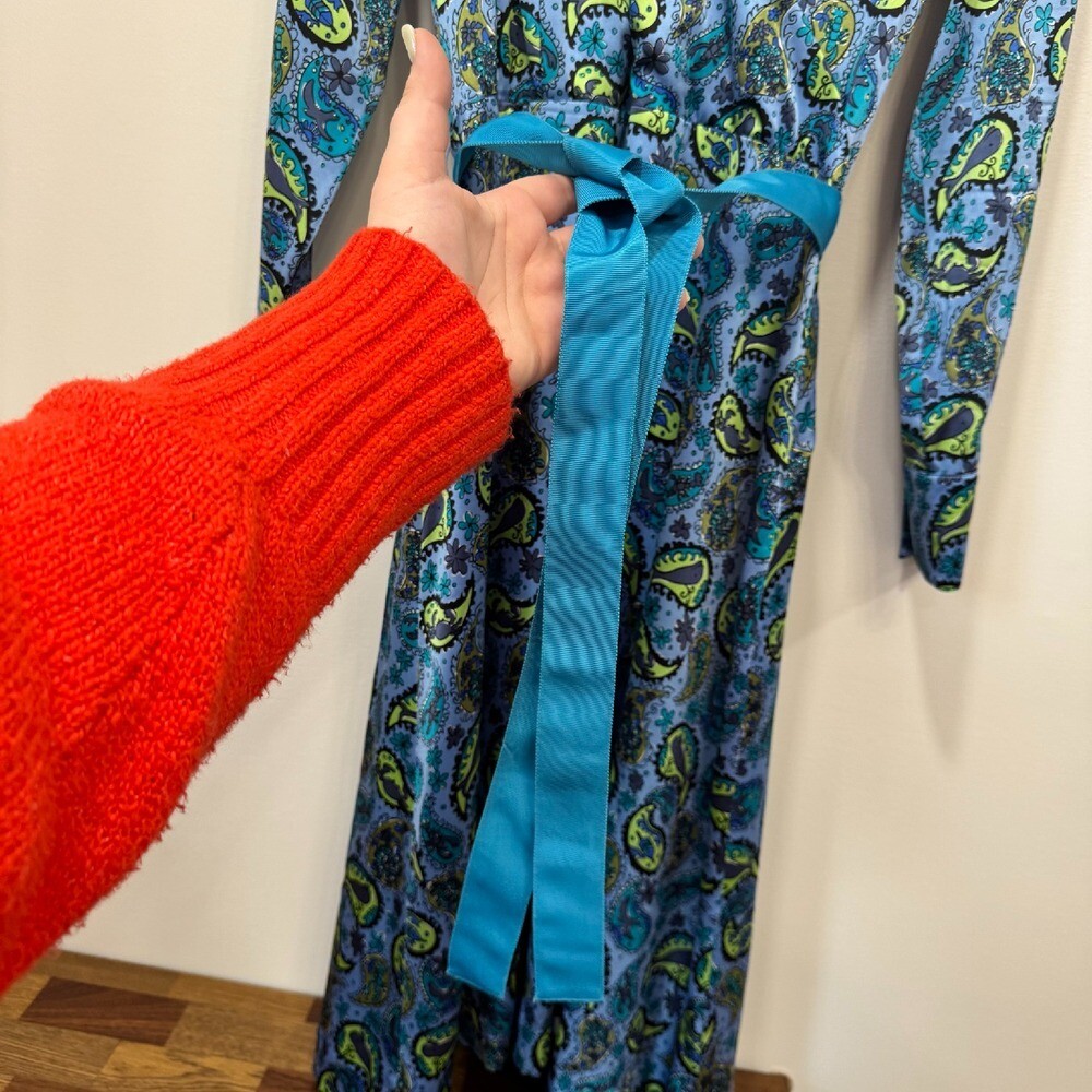 Vintage Lilly Pulitzer Silk Maxi Dress 12 Blue Paisley Long Sleeve Wrap RARE
