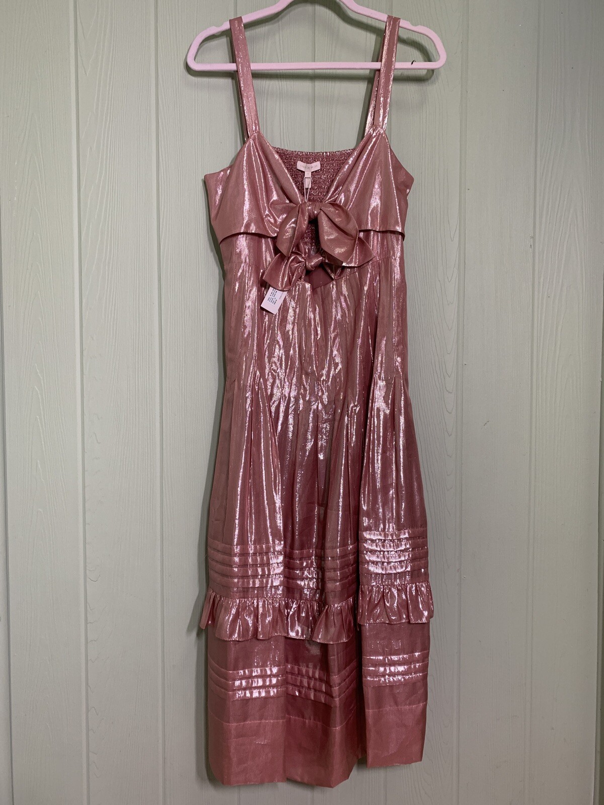 Rebecca Taylor Chiffon Bow Tie Metallic Shimmer Pink Pleated Midi Dress 14