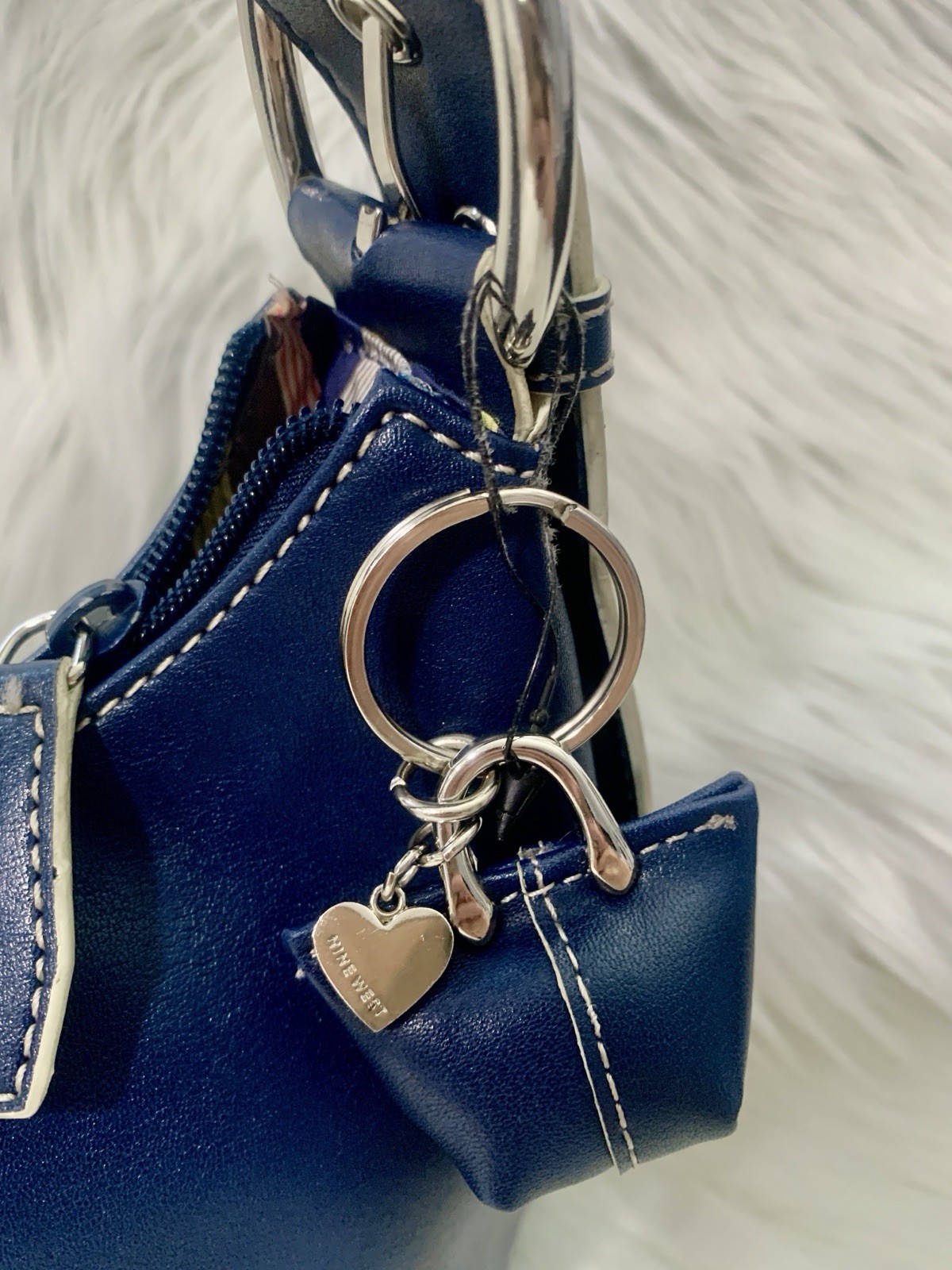 Nine West Blue Crescent Shoulder Bag Zip Closure Inner Pockets Silver Hardware