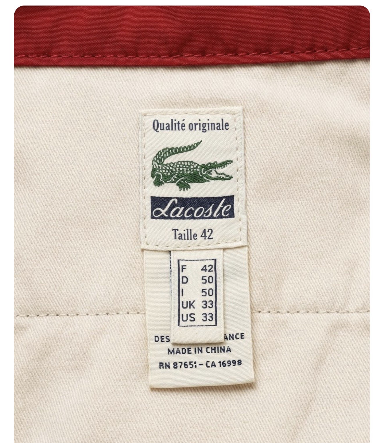 Lacoste Classic Fit Cotton Twill Chino Pants Burgundy Maroon Mens Size 33