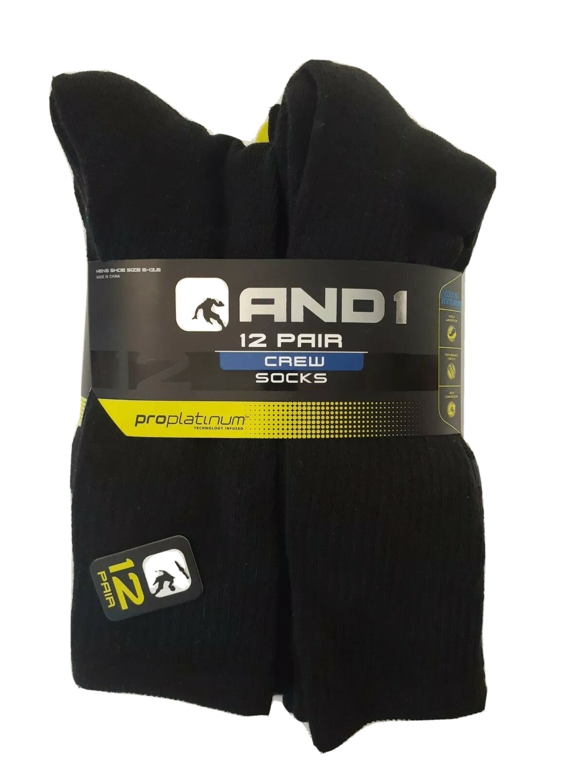 AND1 Black 12 Pair ProPlatinum Crew Socks Arch Compression Proplatinum
