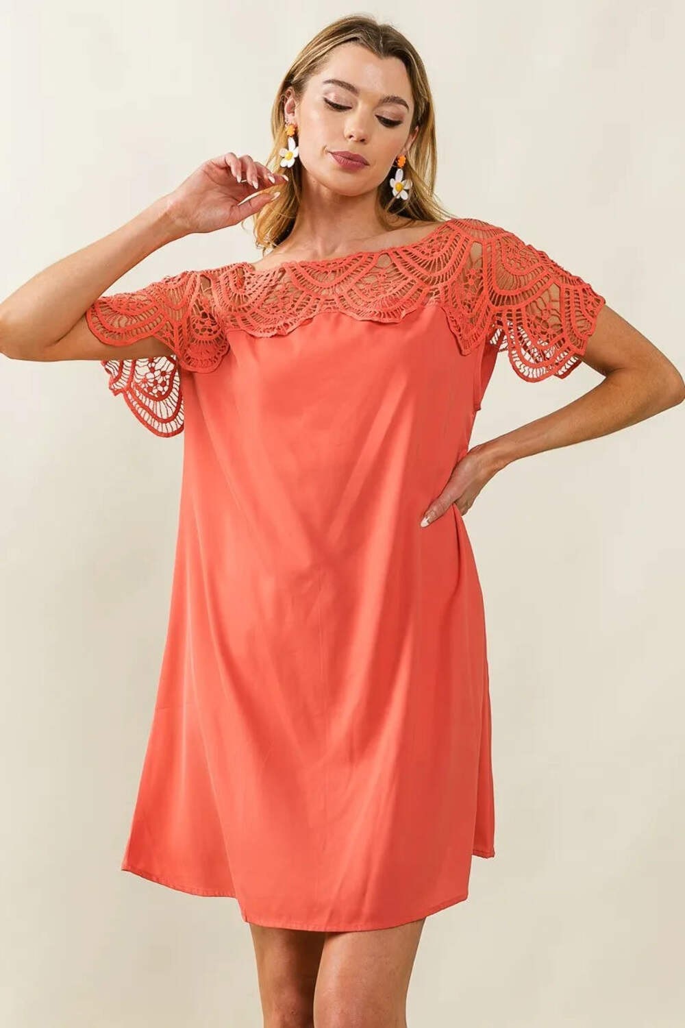 Crochet Lace Yoke Detailed Wrinkled Dress