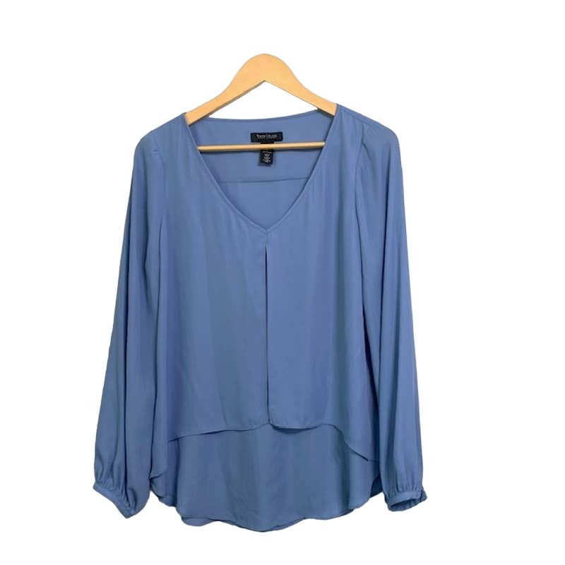 WHBM V Neck Pullover Blue Tunic Flowy Long Sleeve Top | 8