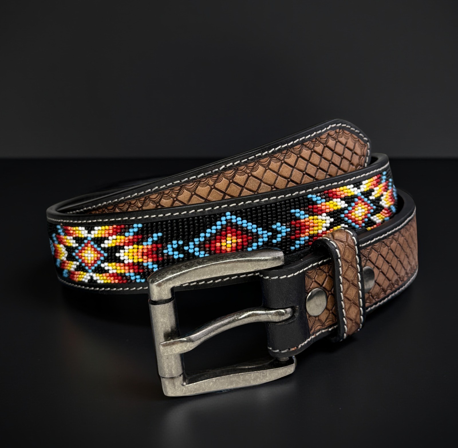 Full Grain Leather Hand Tooled Western Belt Cowboy Rodeo Beaded Removable Buckle