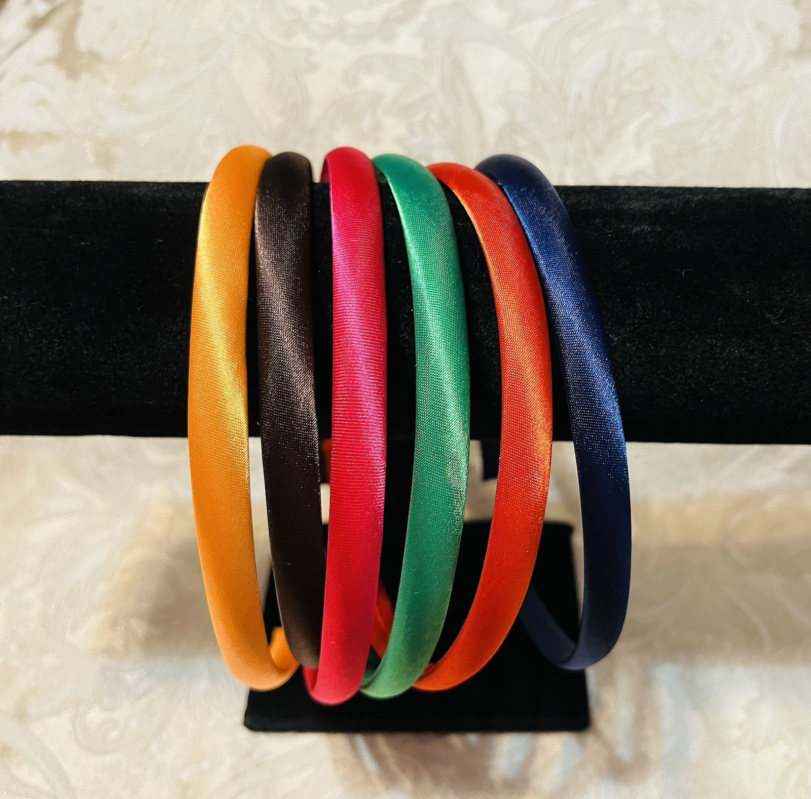 Orange Brown Pink Green Red Navy Satin Headband Fashion Hair Accessory Set Of 6