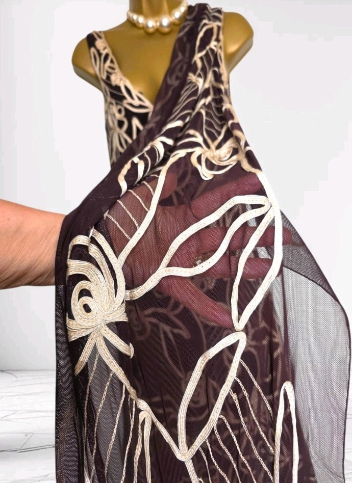 Phase Eight Brown & Cream Tapework Embroidered Occasion Dress + Shawl Size 12