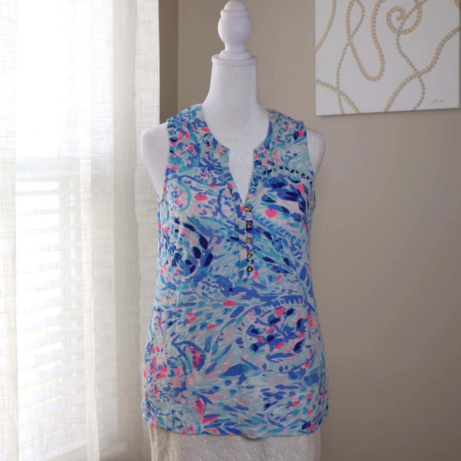 Lilly Pulitzer Sleeveless Top White Blue Breakwater Tint Party Wave Essie Sz XS