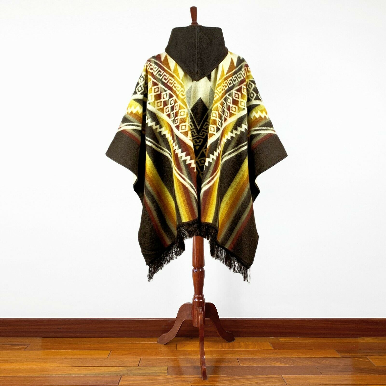 Alpaca wool Hooded Poncho Unisex Aztec pattern all seasons boho hippie XXL BROWN