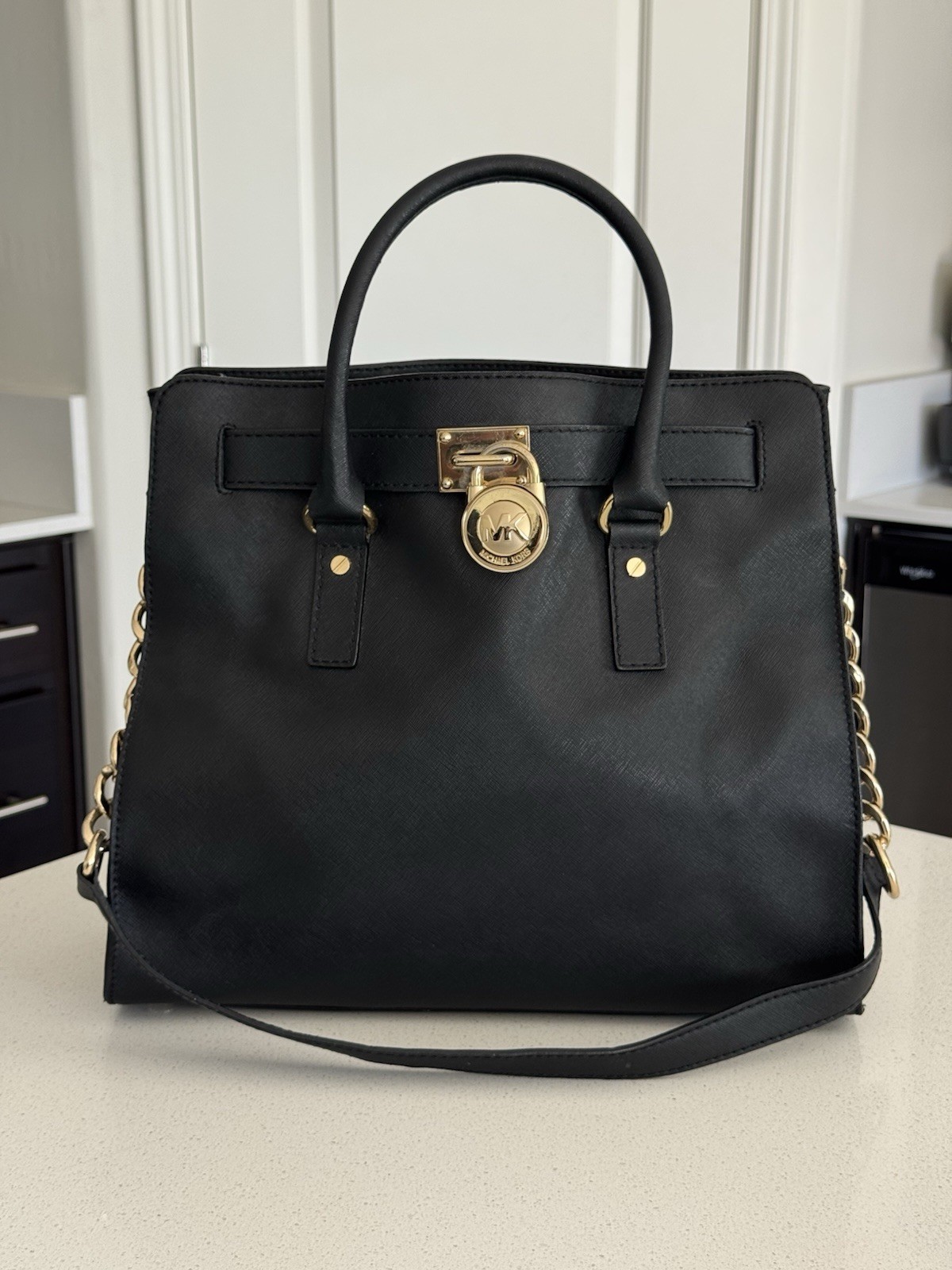 Michael Kors Large Black Satchel Top Handle Bag Gold Hardware Strap Pockets