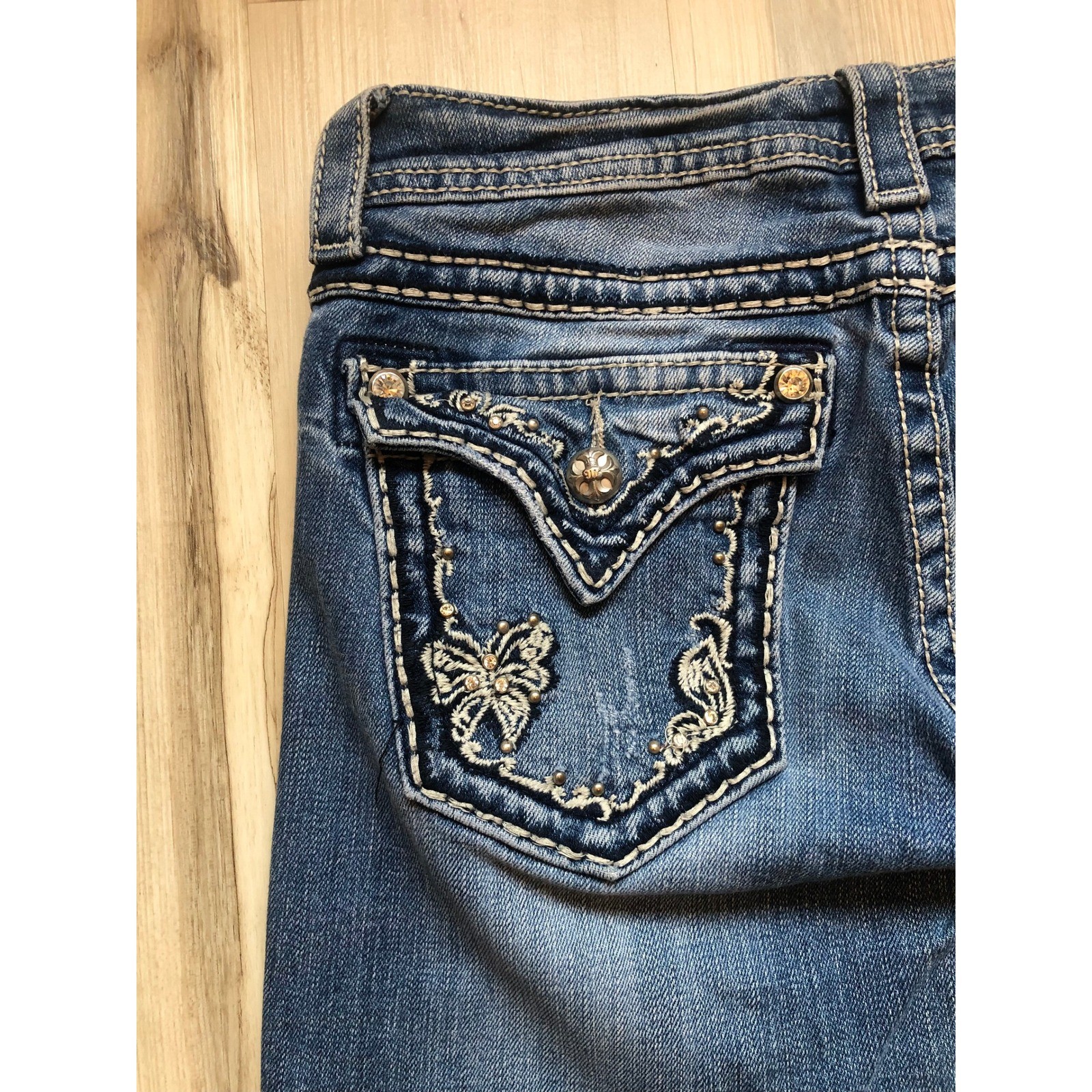Miss Me JP5415B Bootcut Jeans Medium Wash Butterfly Embellished Flap Pocket 28