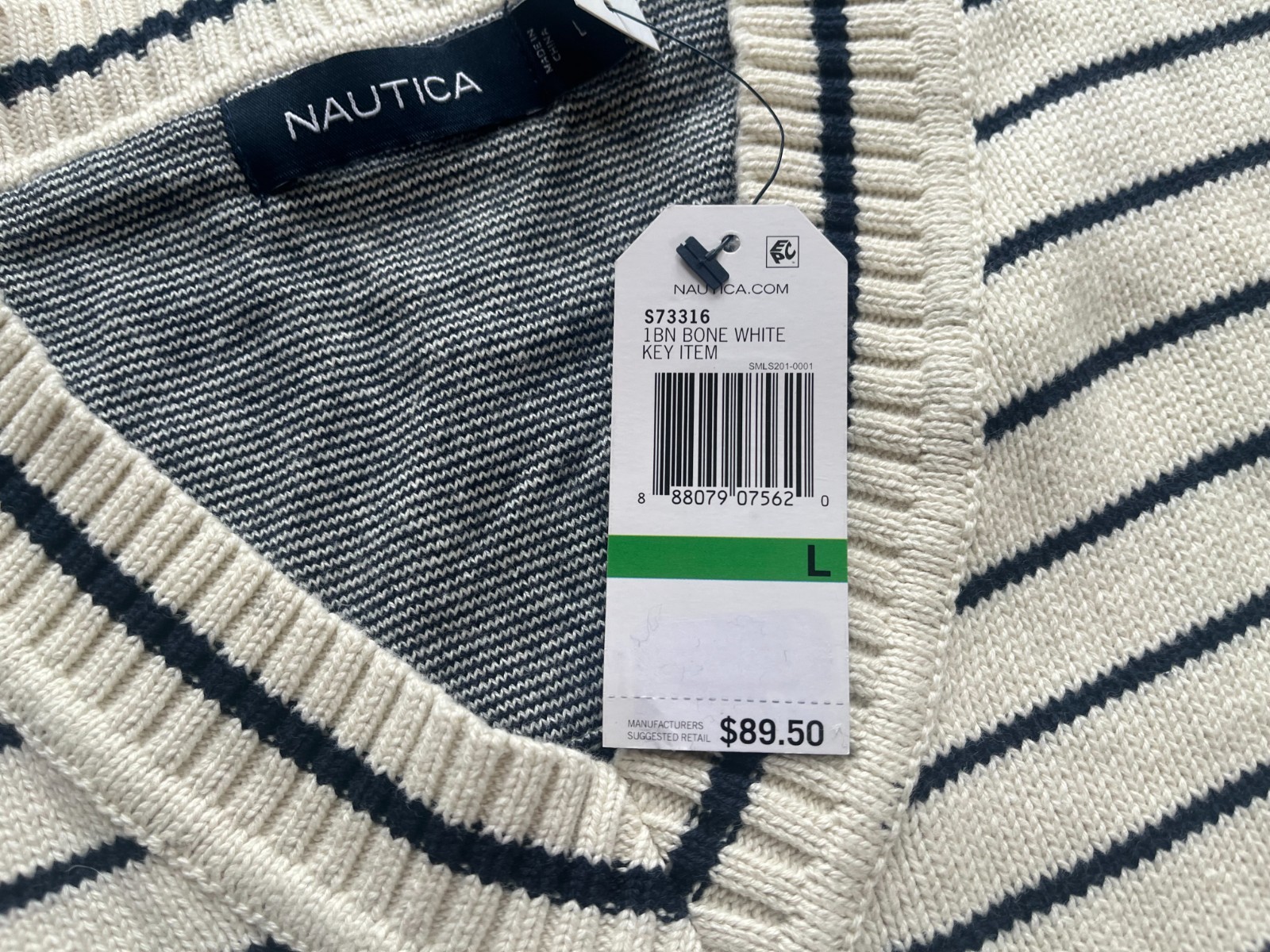 NAUTICA STRIPED V-NECK PULLOVER SWEATER BONE WHITE MENS LARGE NEW $89