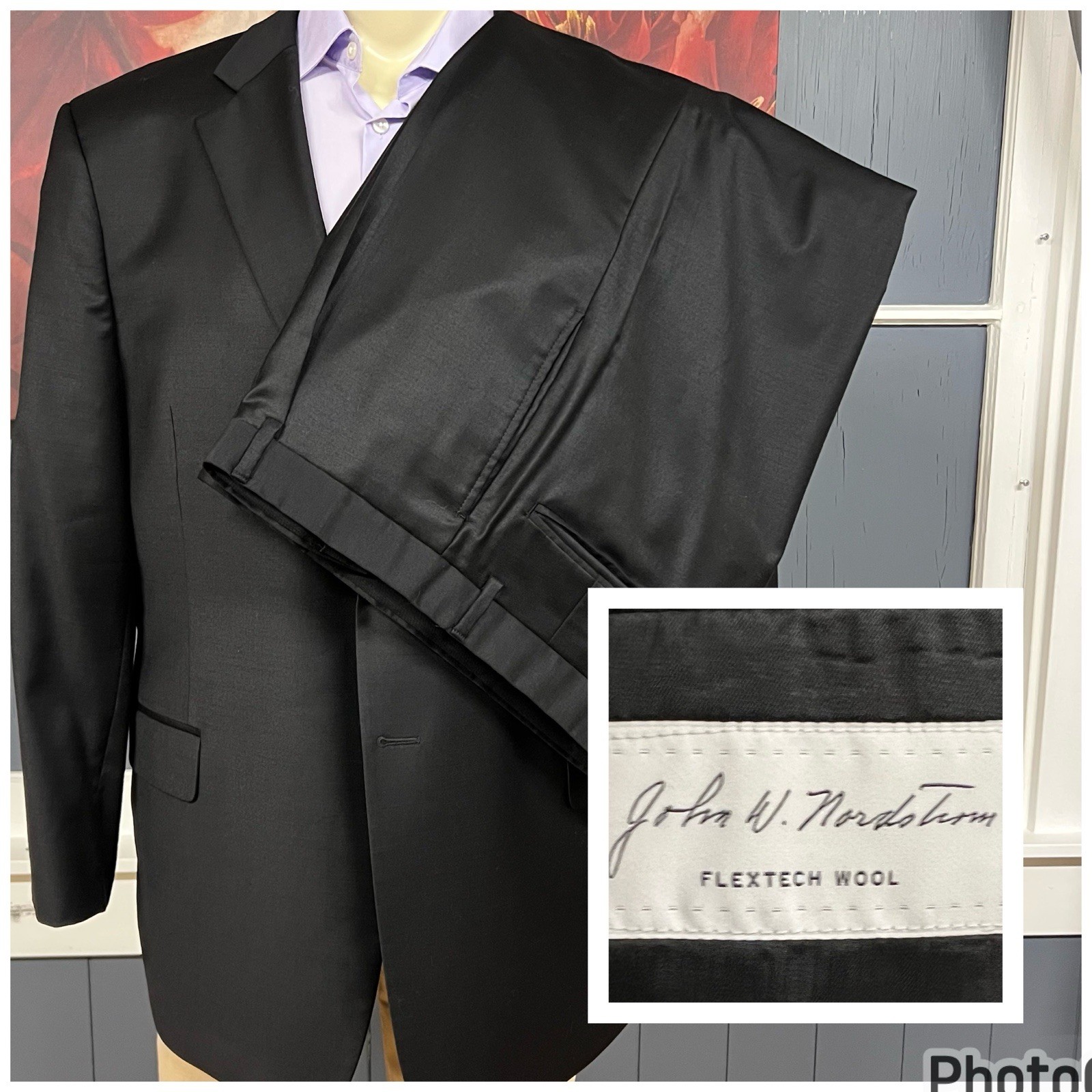 John W. Nordstrom Suit Mens 46R Wool Stretch Pleated Pants 40×28 Black