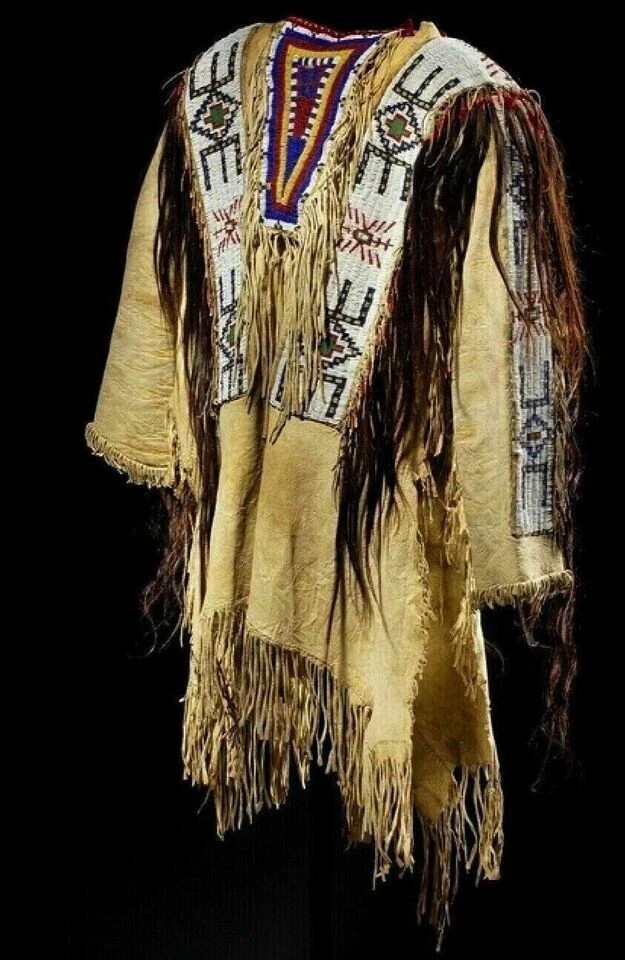Men Native American Western Warrior Oglala Lakota Suede Leather Shirt Beaded Cow