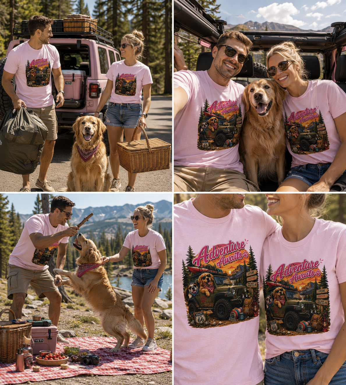 Adventure Awaits Jeep Dog Camping Couple T-Shirt Outdoor Road Trip Gift Tee