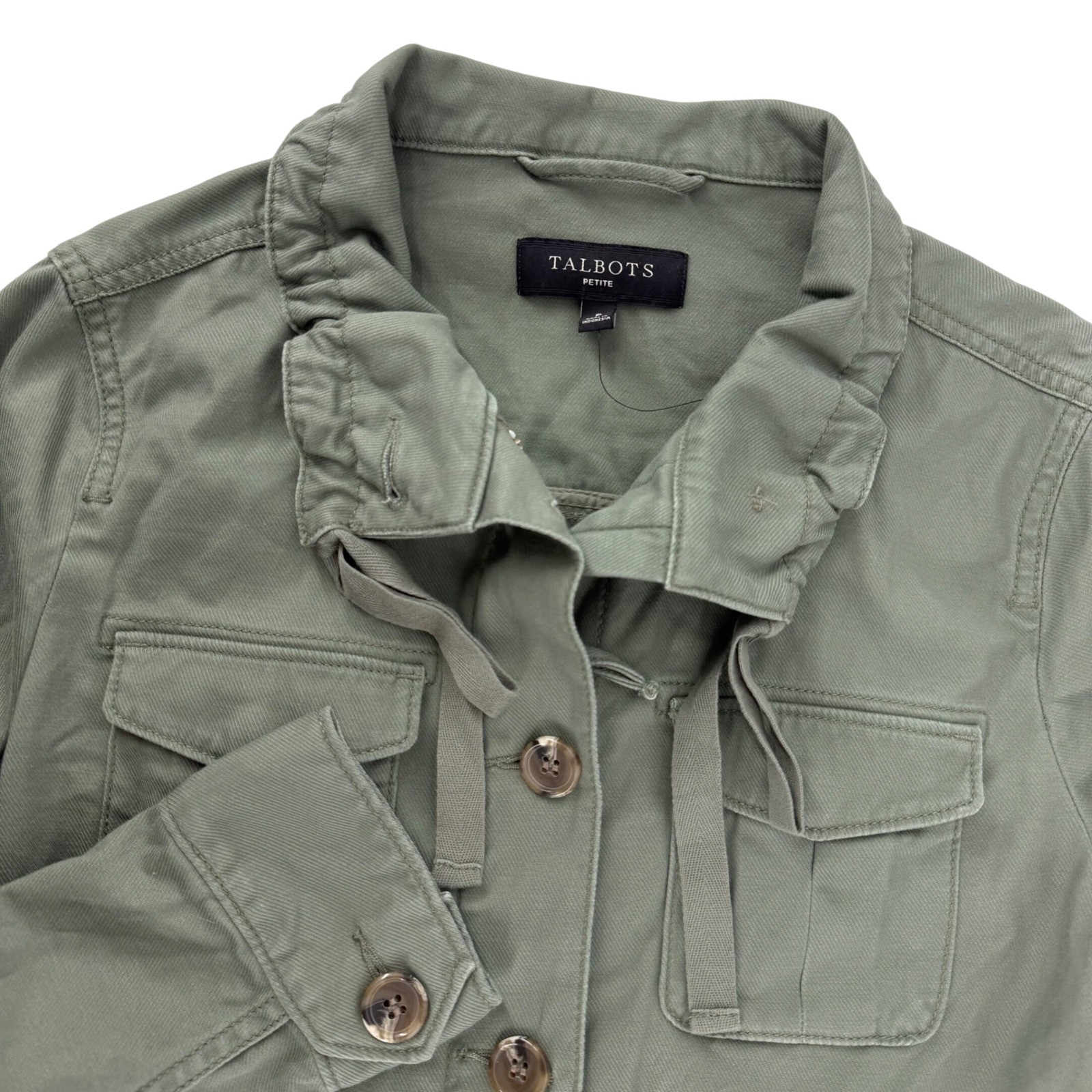 Talbots Petite Twill Field Jacket Olive Green Utility Safari Button Zip NEW