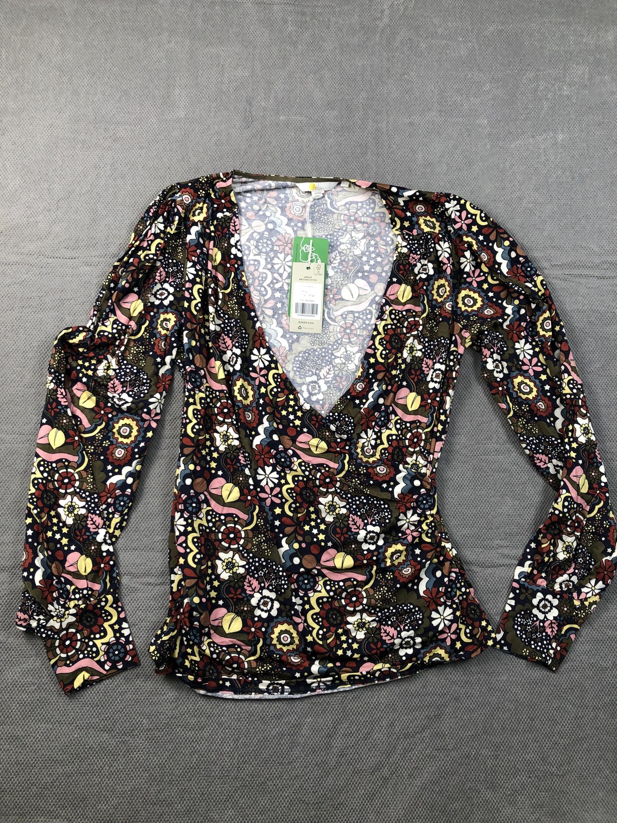 Boden Blouse Womens 10 Multicolor V Neck Long Puff Sleeve Floral Jersey NWT