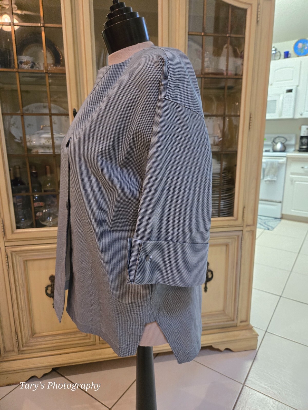 Ming Wang Black White Check 3/4 Length Sleeve 2 Button Top Size XS Washable