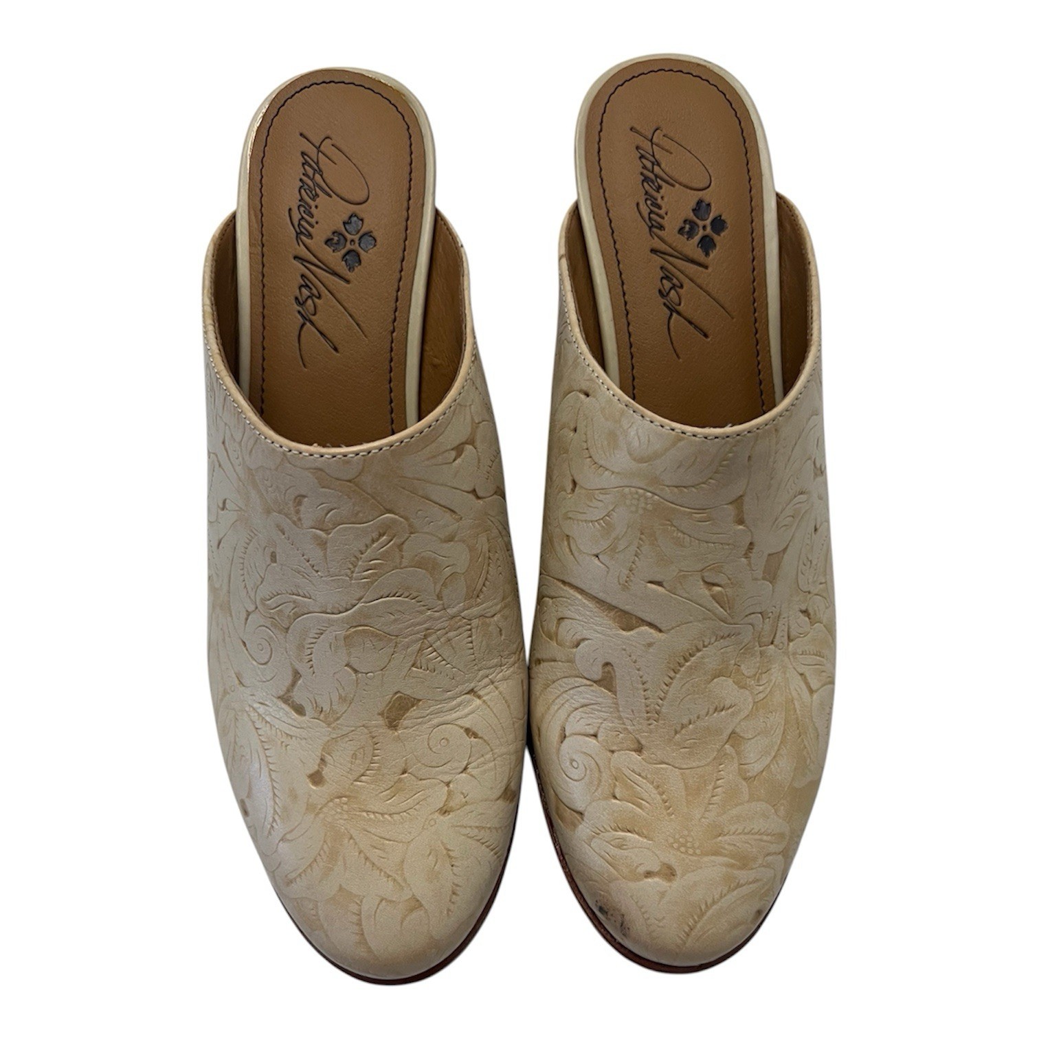 Patricia Nash Women’s Beige Embossed Floral Slip-On Round Toe Block Heel Mule
