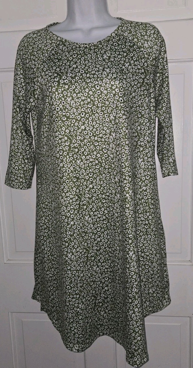TICKLED TEAL Green Navy Blue Floral Stretch Pullover Tunic Mini Pocket Dress S