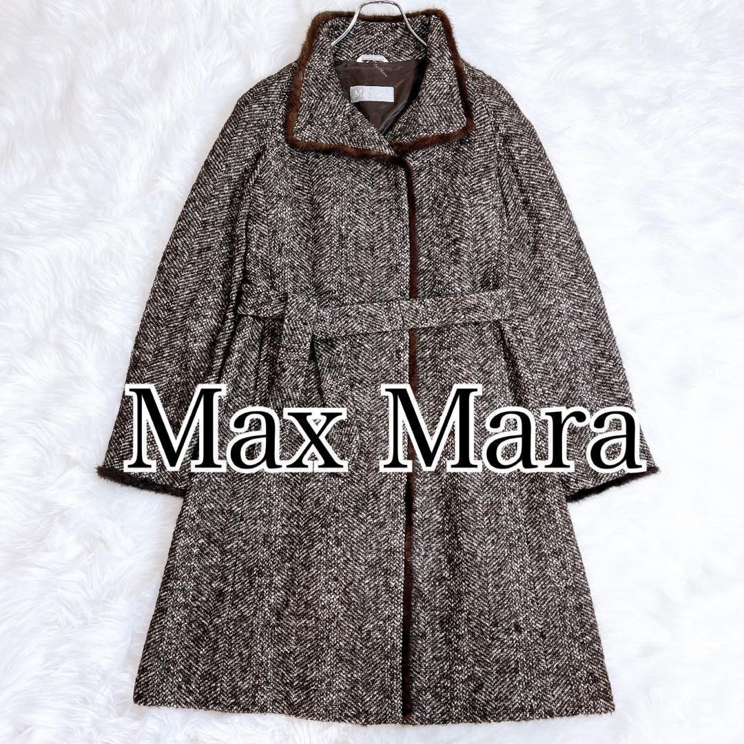 Max Mara mink fur coat, wool, brown tweed, size L