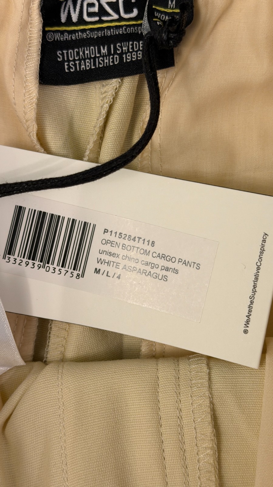 WeSC Open Bottom Cargo Pants Unisex Chino Style-Men M/Women L-Pale Yellow-NWT