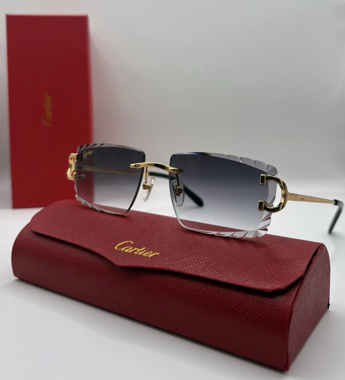 cartier Big C Diamond Cut Frameless BLACK Lens Gold Frame