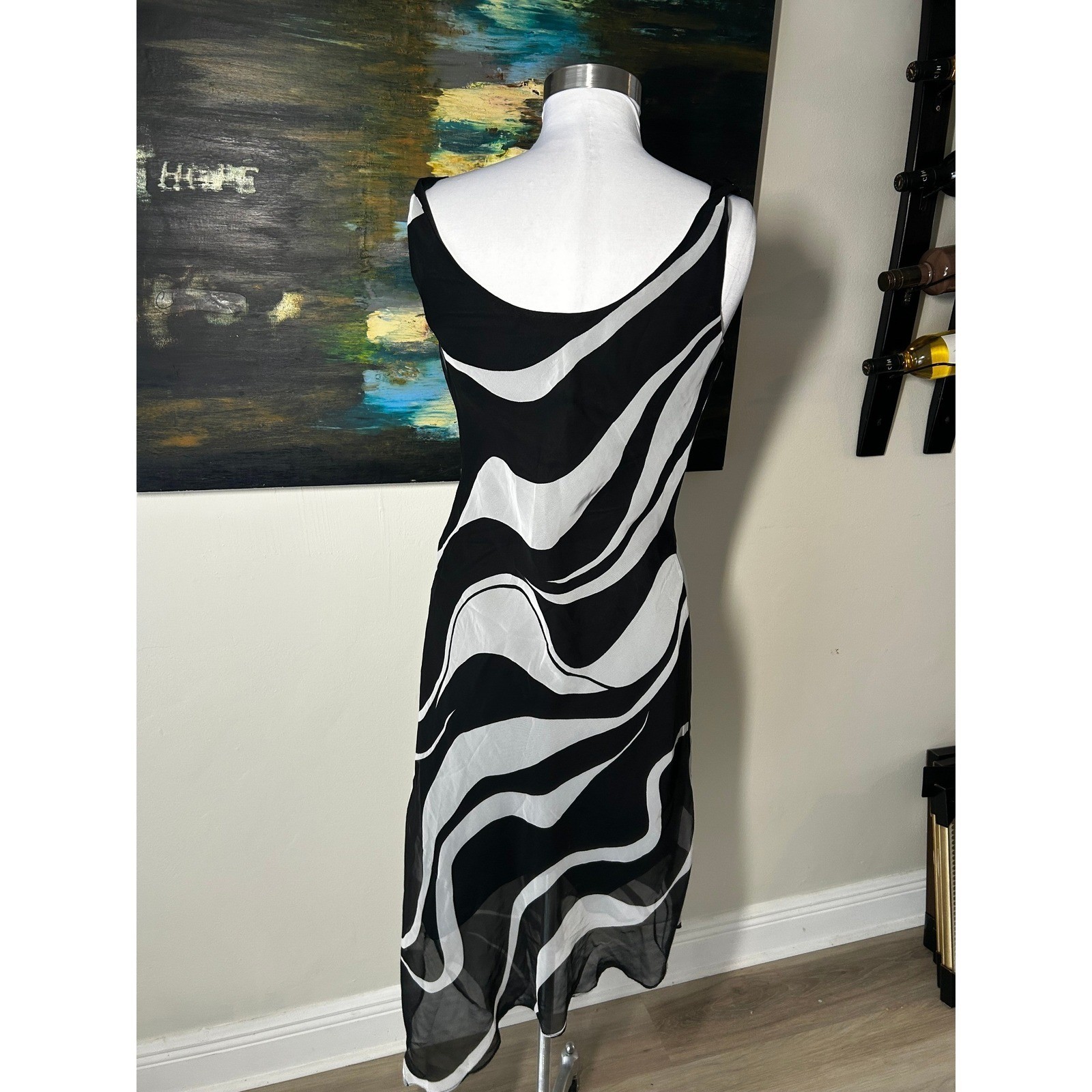 Vintage Breakin’ Loose Midi Dress Size 10 Black White Abstract Cowl Neck Y2K